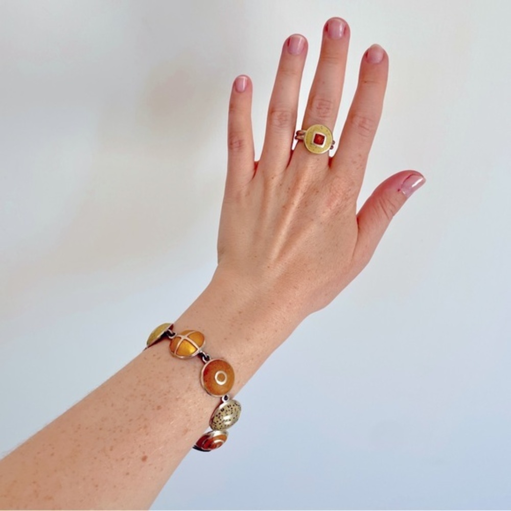 Artist Made Bracelet and Ring Set Yellow Orange Silver Tone Vintage Style